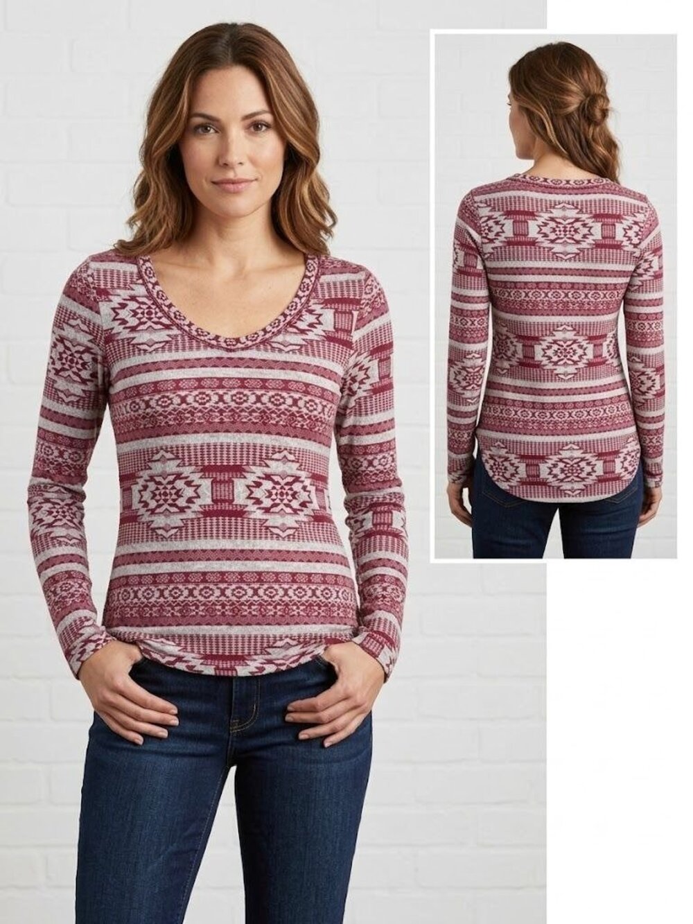 Rue21 Red & Gray Aztec Print Long Sleeve Stretch Top Medium